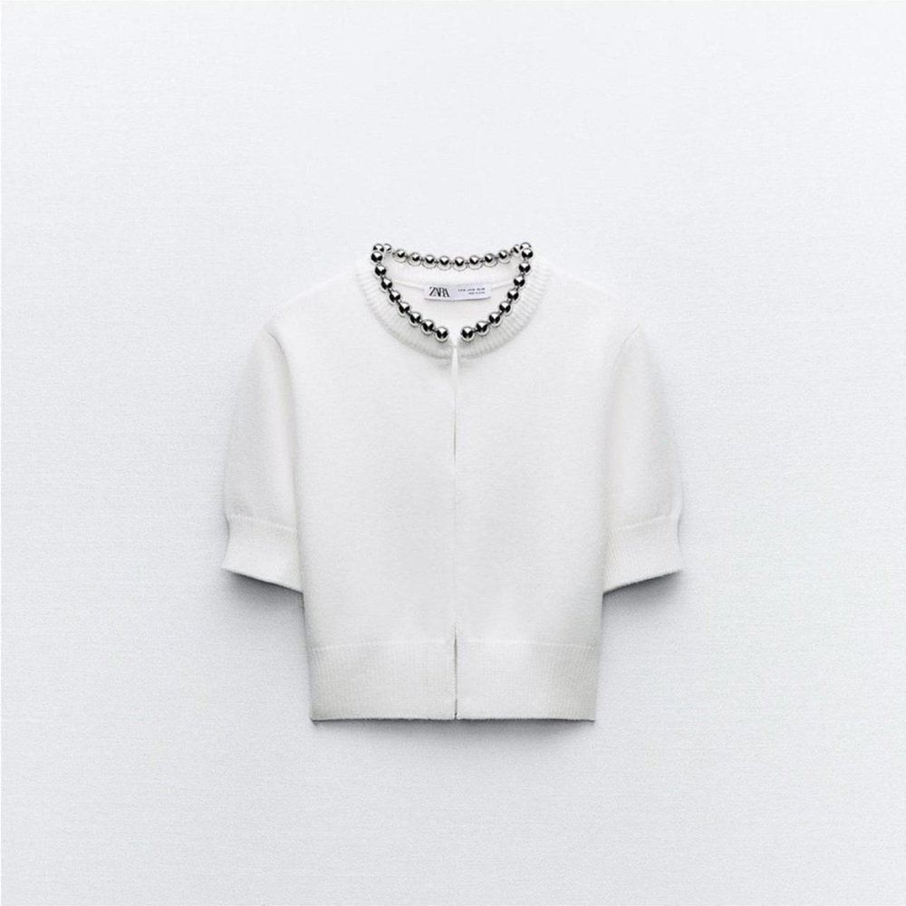Zara White Blouse with Patterned V-Neck